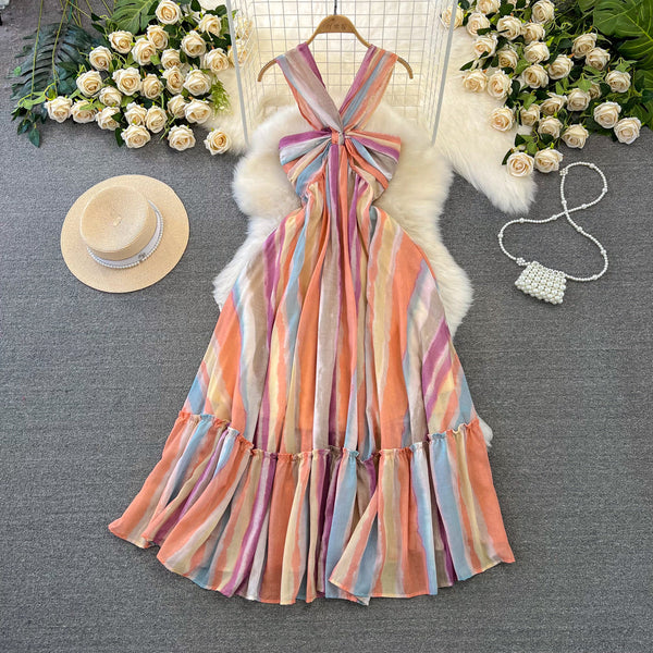 Rainbow Striped Tie-dye Halter Dress