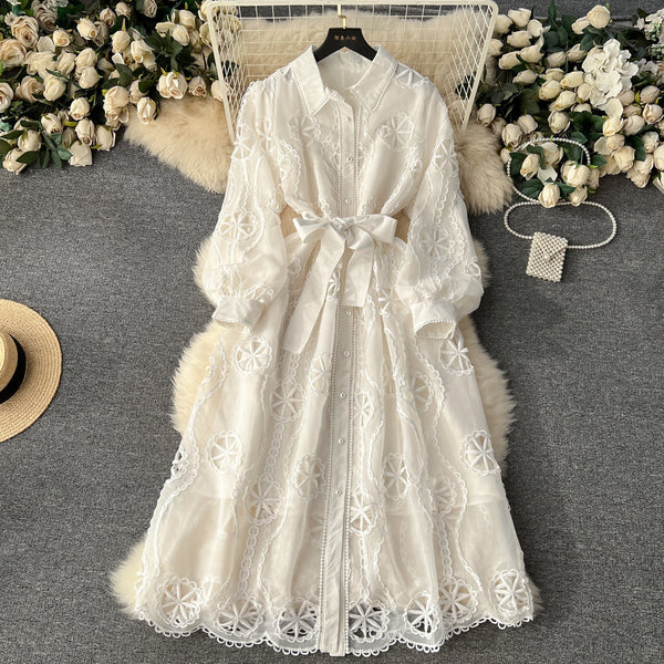 Courtly Hollowed Embroidery Shirt Dress