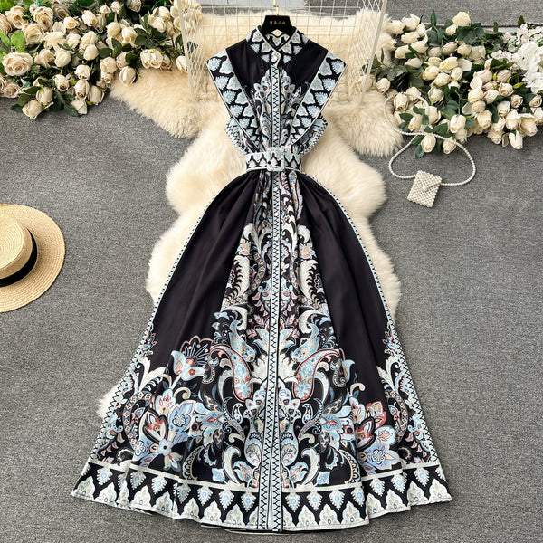 French Style Floral Sleeveless Shirt Dress