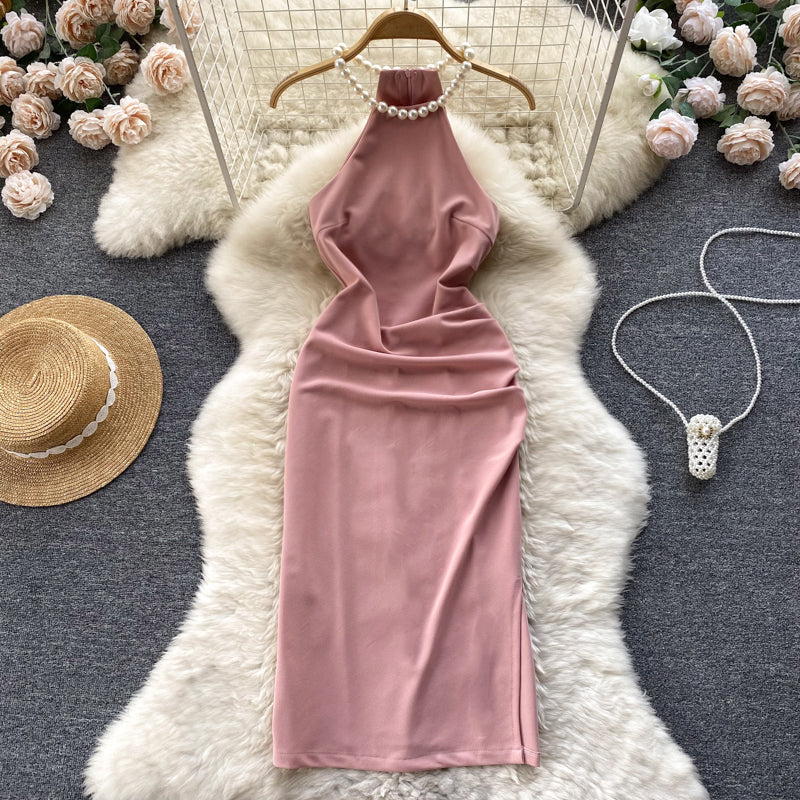 Sleeveless Pink Dress with Pearl Neckline