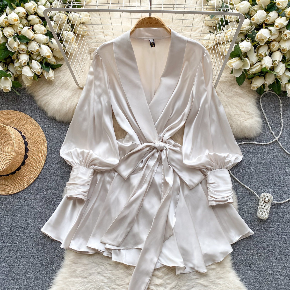 French Style V-neck Satin Wrap Dress