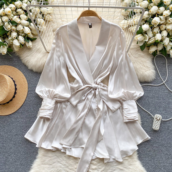 French Style V-neck Satin Wrap Dress