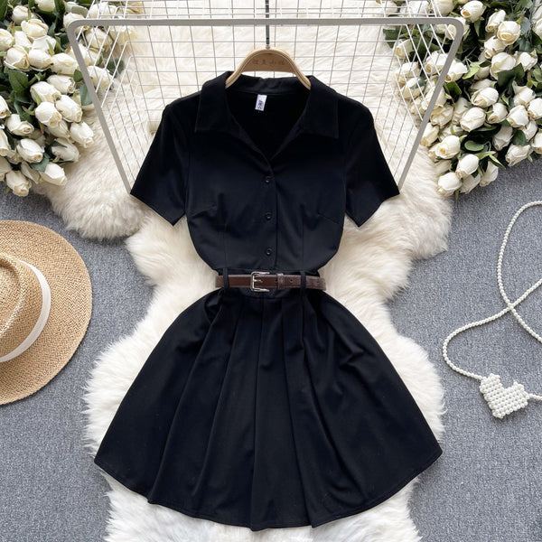Polo Collar Pleated Black Shirt Dress