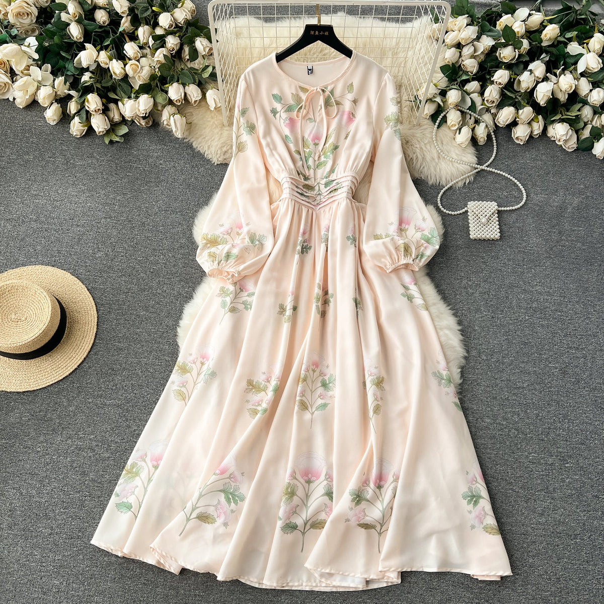 Courtly Pleated Floral Printed Dress
