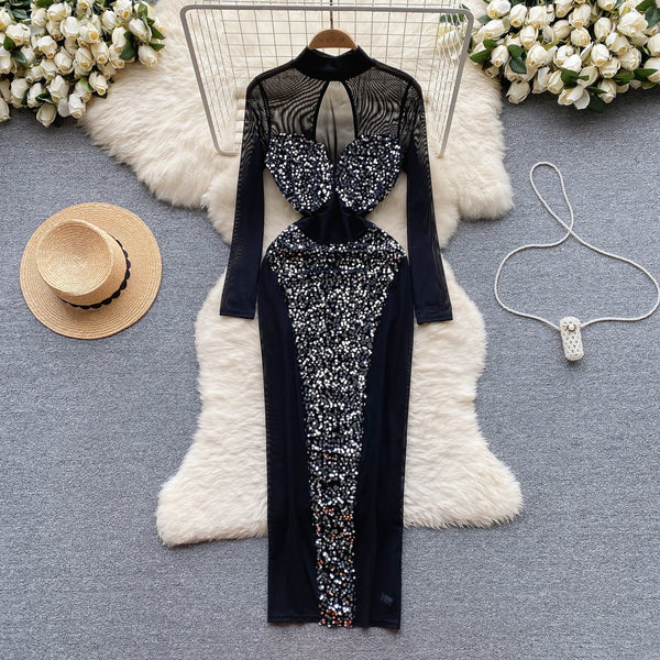 Elegant Hollowed Mesh Sequined Dress