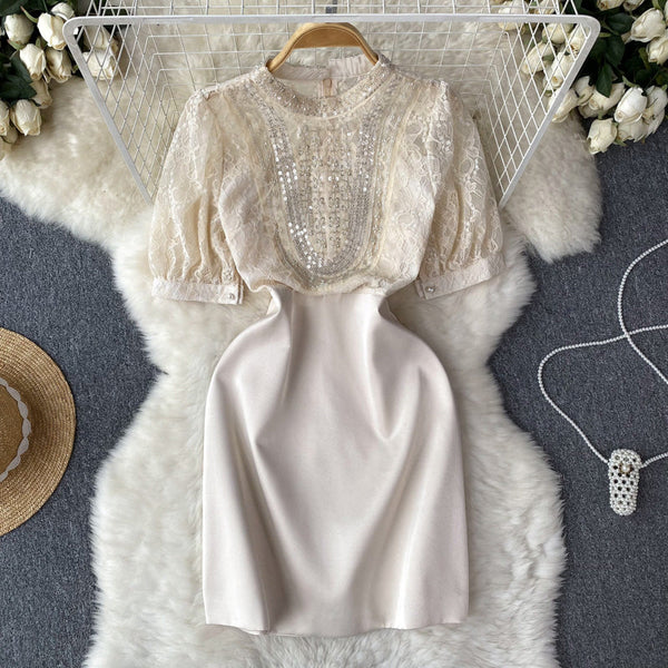 Elegant Lace Patchwork Beaded Dress