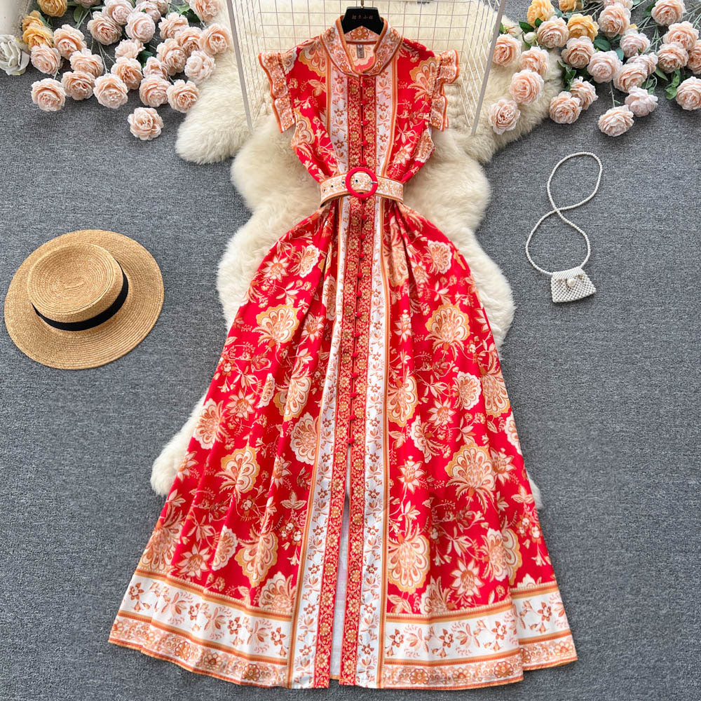 Ethnic Sleeveless Ruffled Floral Dress