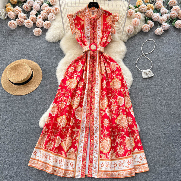 Ethnic Sleeveless Ruffled Floral Dress