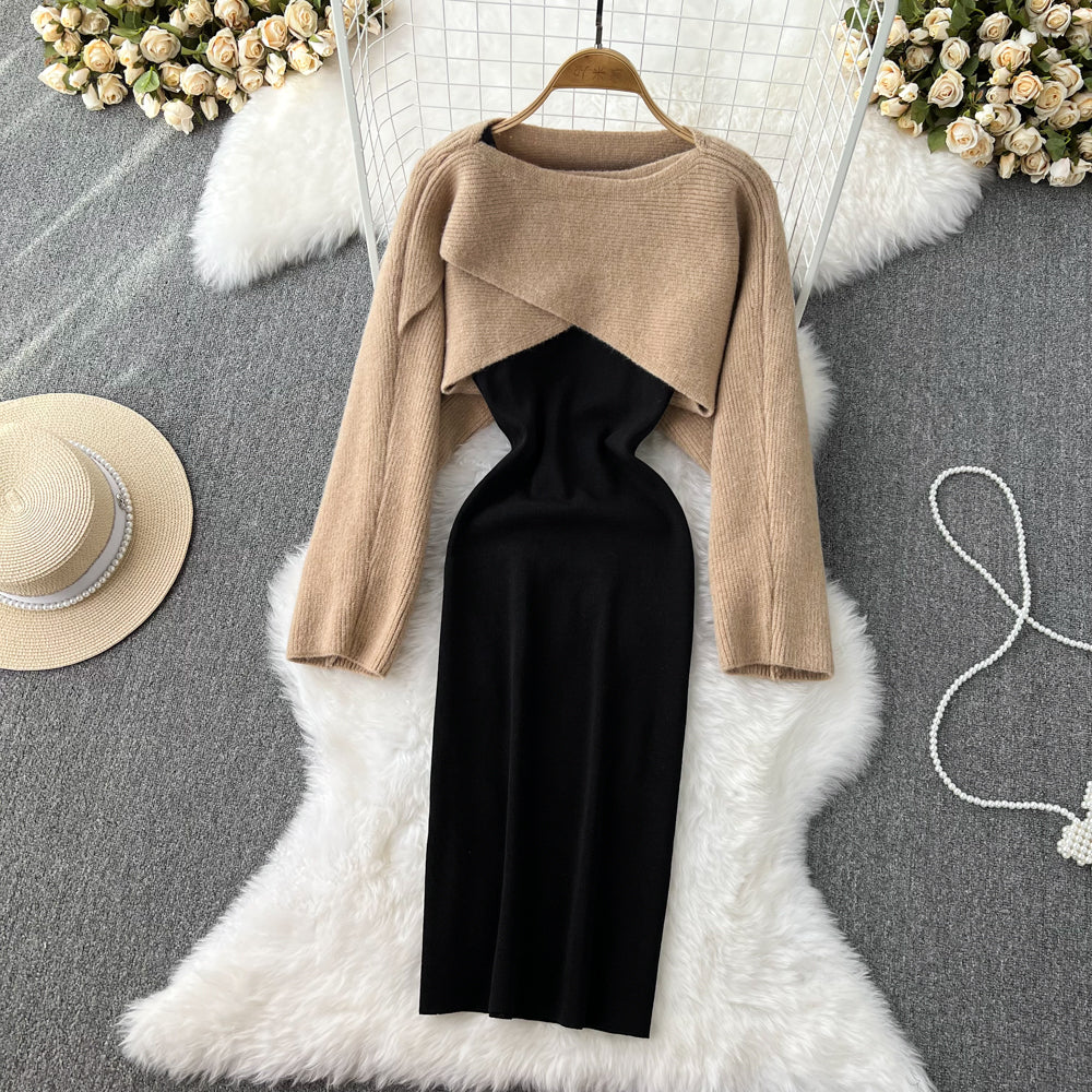 Crew Neck Smock&Slip Dress Knitted 2Pcs