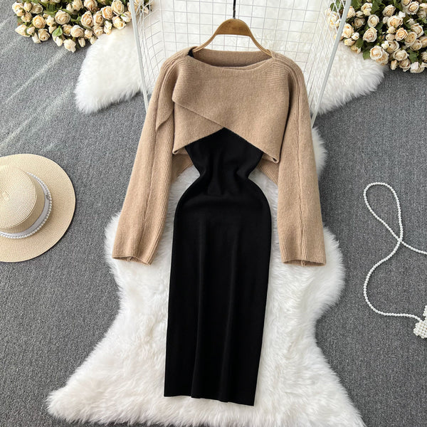 Crew Neck Smock&Slip Dress Knitted 2Pcs