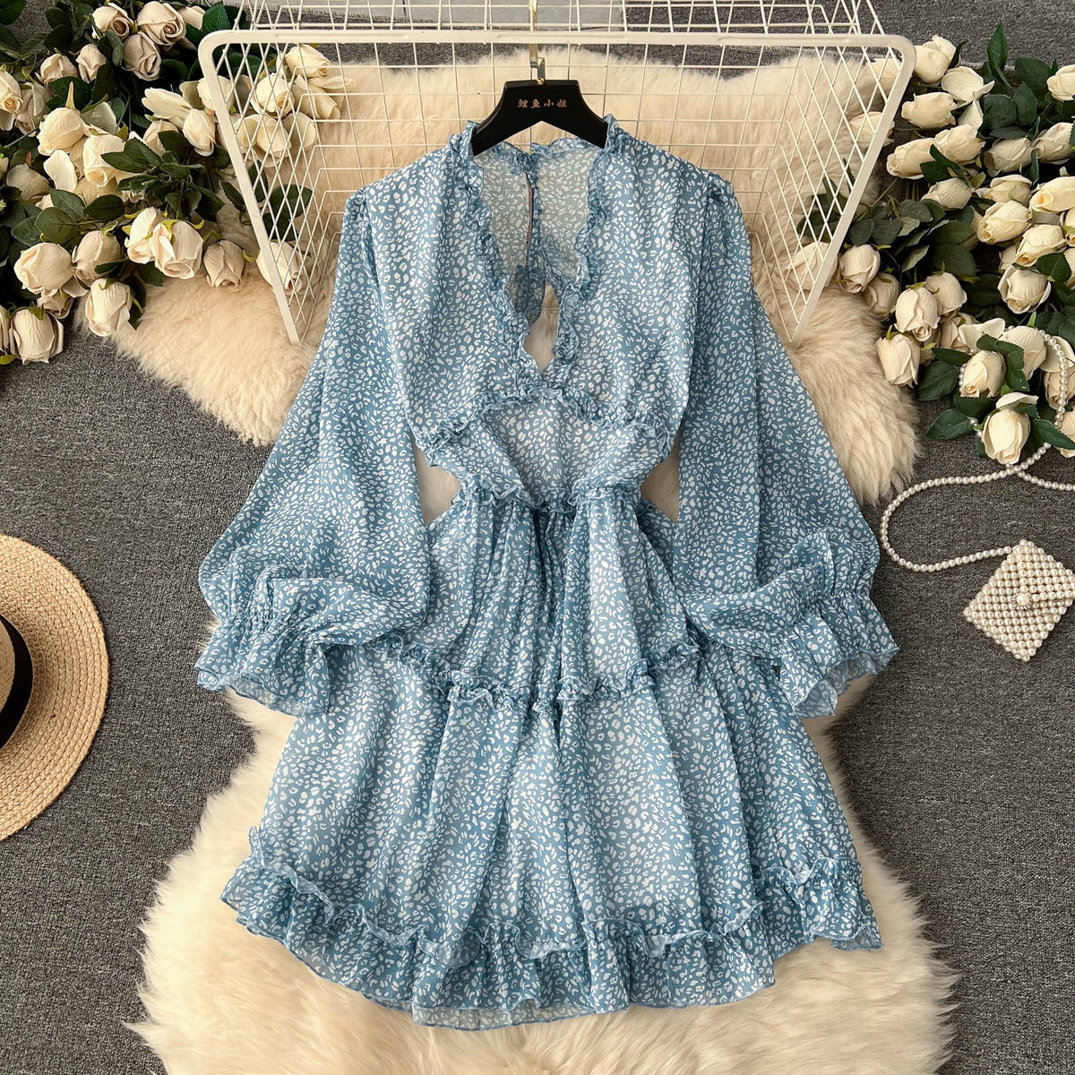 Niche Hollowed Floral Chiffon Dress