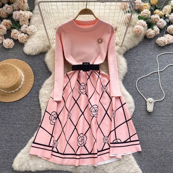 Faux Two-pieces Rhomboid Printed Dress