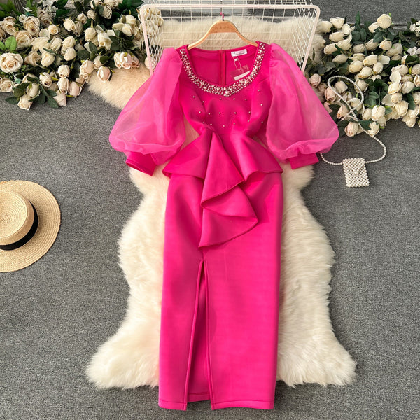 Vintage Beaded Ruffled Split Dress