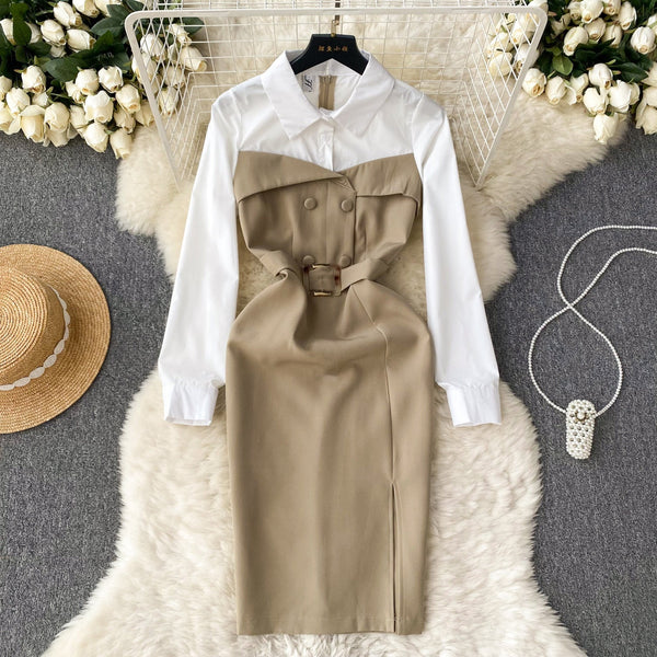 Faux Two-pieces Patchwork Shirt Dress