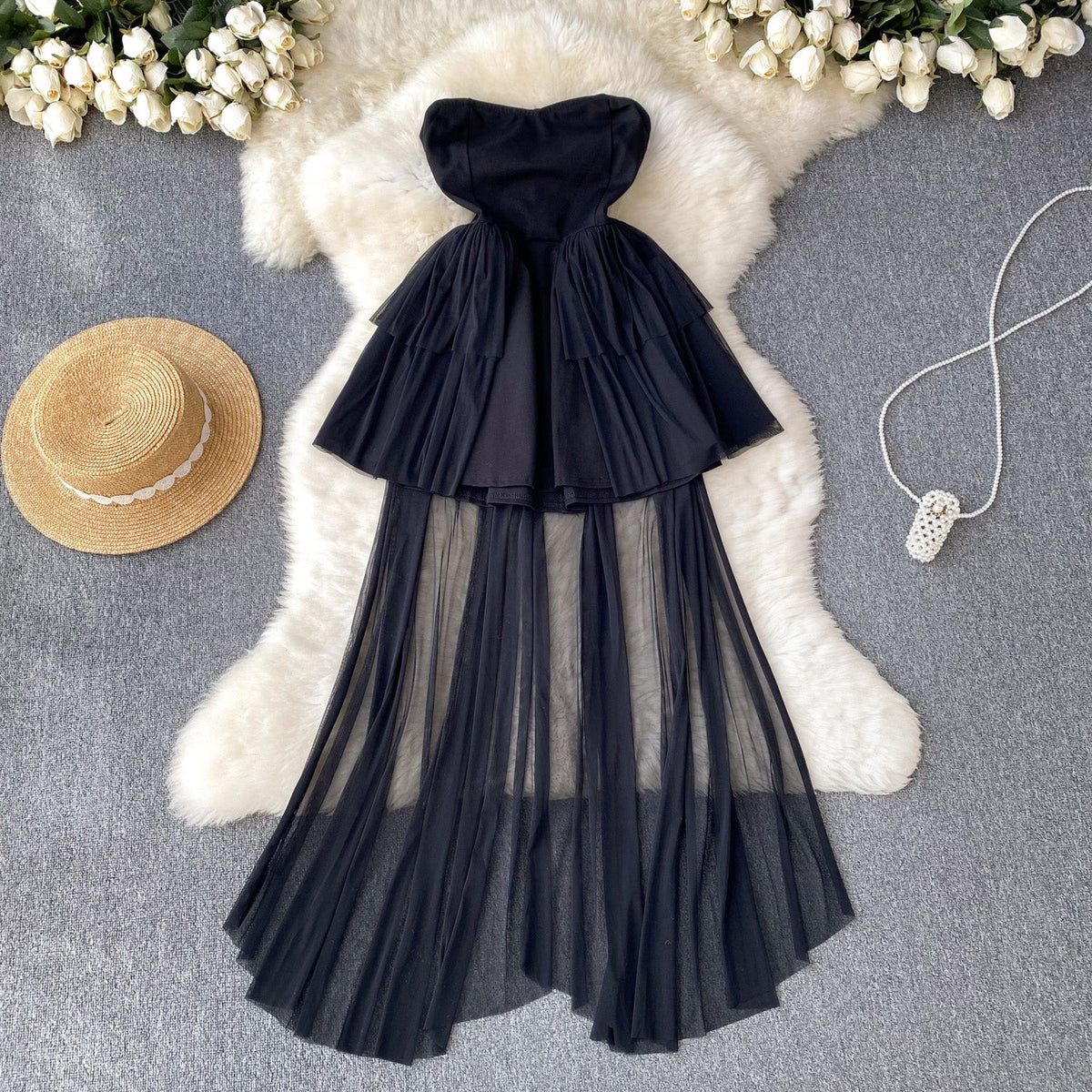Vintage Off-shoulder Puffy Mesh Black Dress