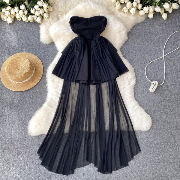Vintage Off-shoulder Puffy Mesh Black Dress