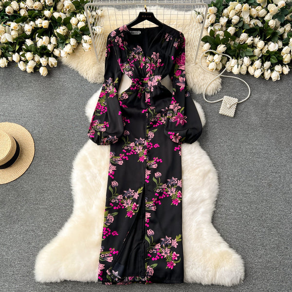 Elegant Floral Printed Black Dress