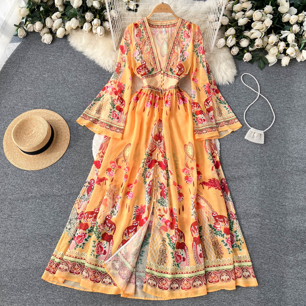 Deep V-neck Floral Printed Maxi Dress