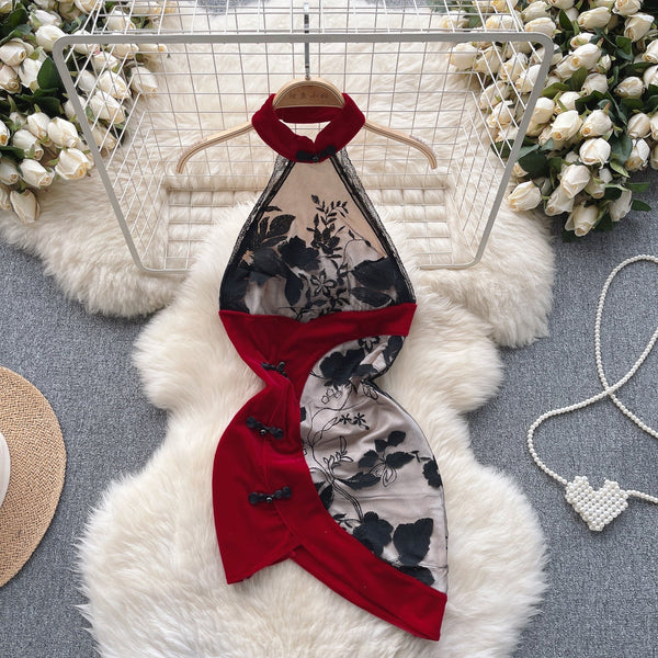 Çiçekli Nakışlı Dantel Cheongsam Elbisesi