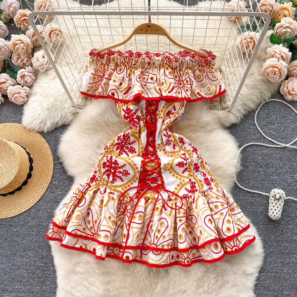 Off-shoulder Ruffled Printed Dress