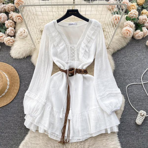 Sweetie Lace-up Ruffled White Dress