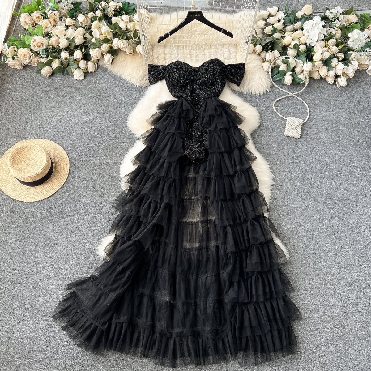 Sequined Off-shoulder Layered Mesh Dress