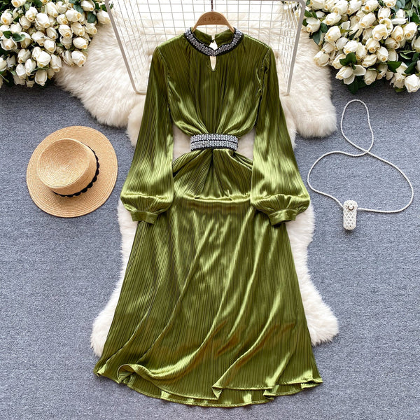 Stand Collar Beaded Stain Dress