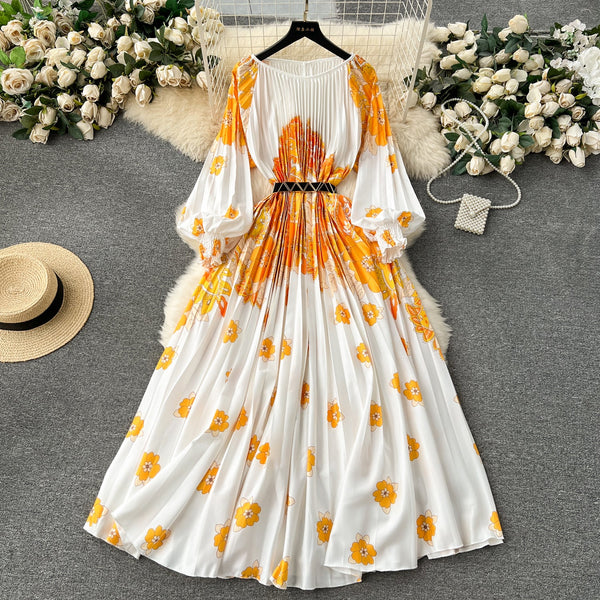 Floral Printed High-waist Pleated Dress