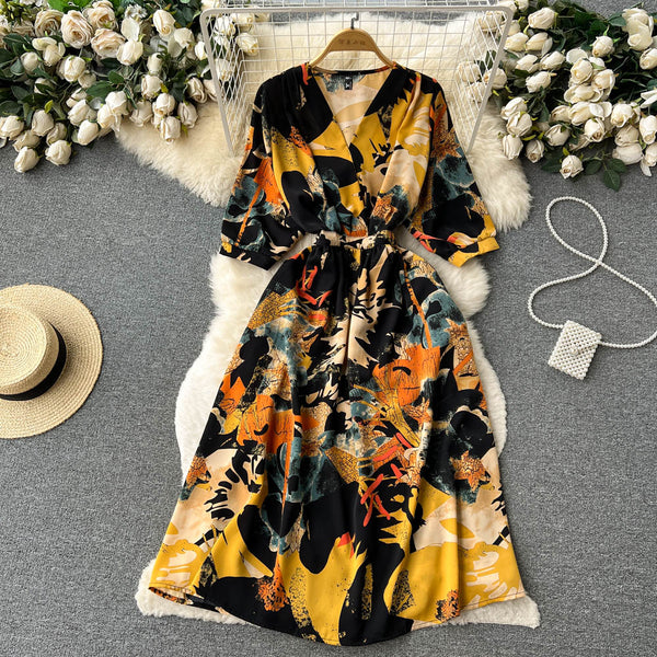 French Style Floral Printed Chiffon Dress
