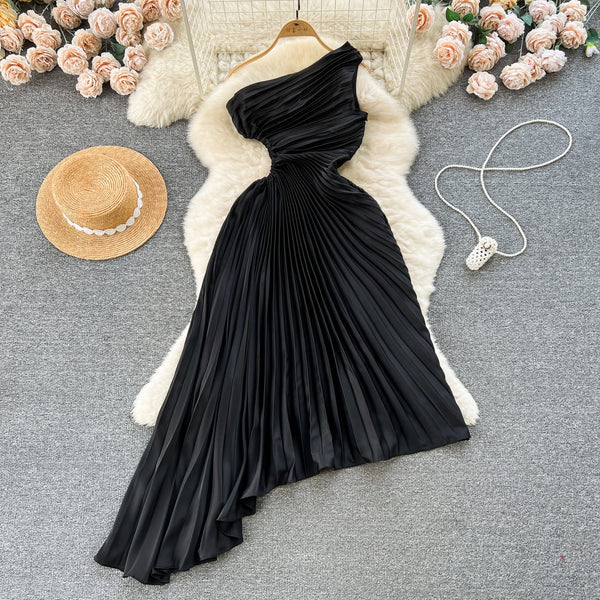 Slant Neckline Pleated Black Dress