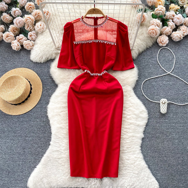 Beaded Mesh Patchwork Slim-fit Dress