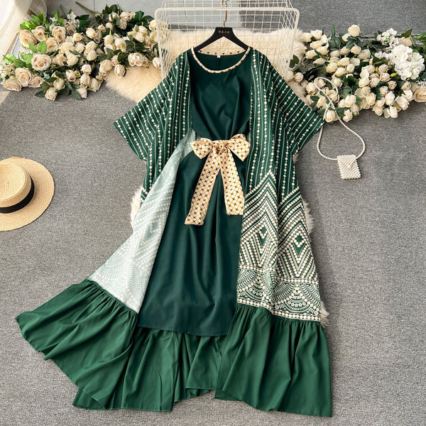 Sleeveless Dress&Printed Wrap 2Pcs
