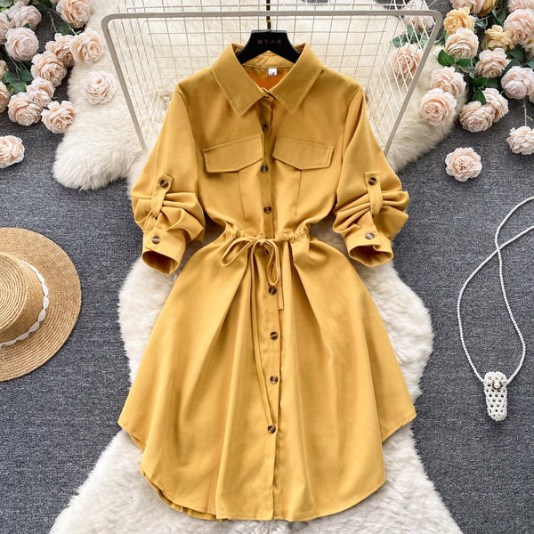 Irregular Design Lapeled Lace-up Shirt Dress