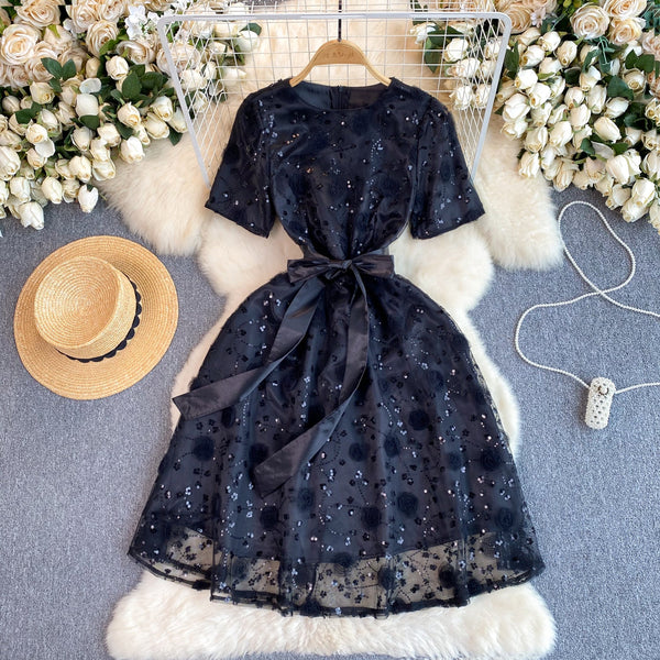 Delicate Sequined Lace-up Black Dress