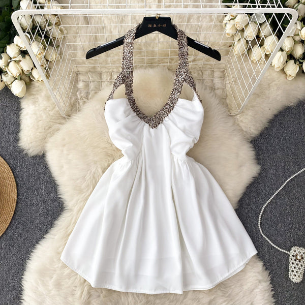 Sequin Backless Satin Halter Dress