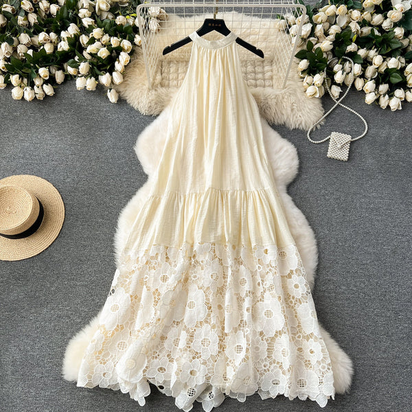 Niche Embroidered Lace-up Halter Dress