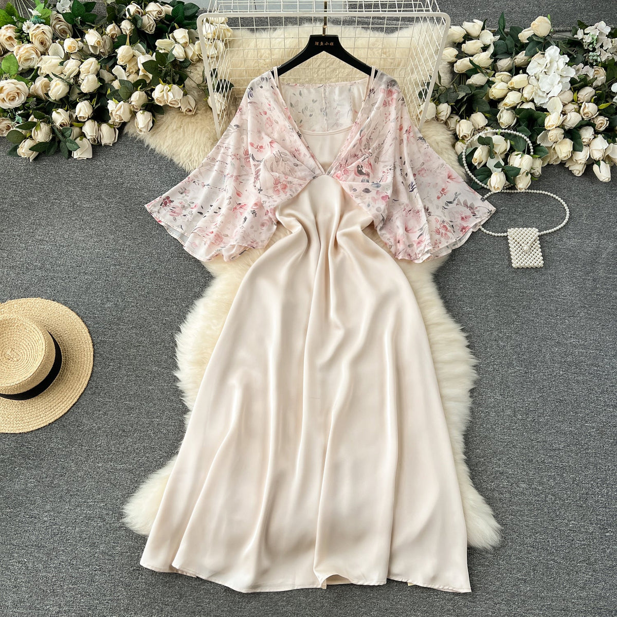 Fairy Pink Floral Faux Two-pieces Dress