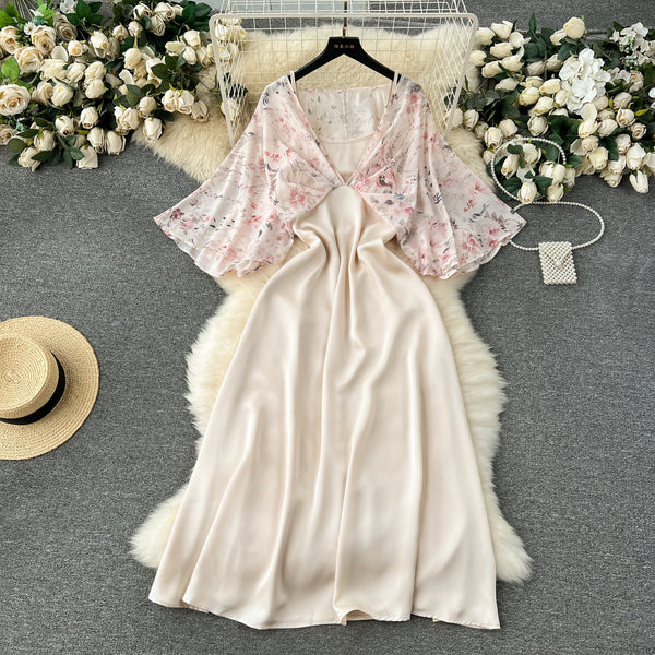 Fairy Pink Floral Faux Two-pieces Dress