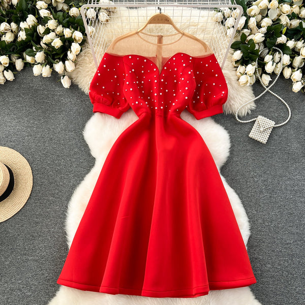 Mesh Neckline Beaded Pleated Dress