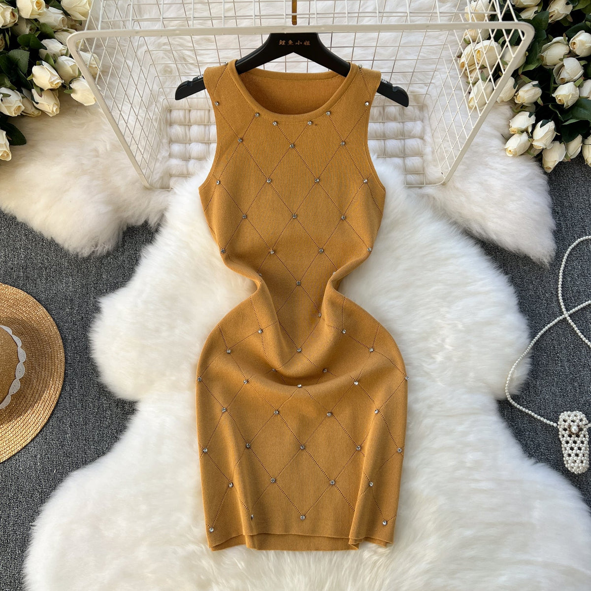 Lozenge Rhinestone Studded Knitted Dress