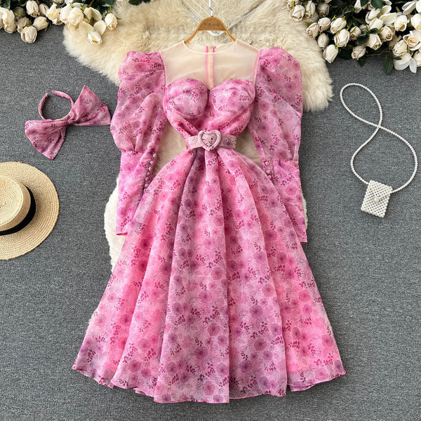Mesh Patchwork Puff Sleeve Floral Dress