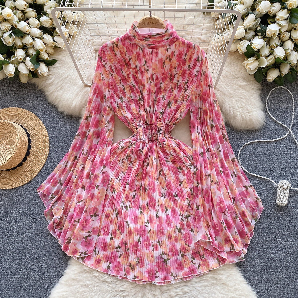 Flared Sleeve Floral Chiffon Dress