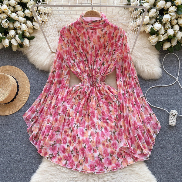 Flared Sleeve Floral Chiffon Dress