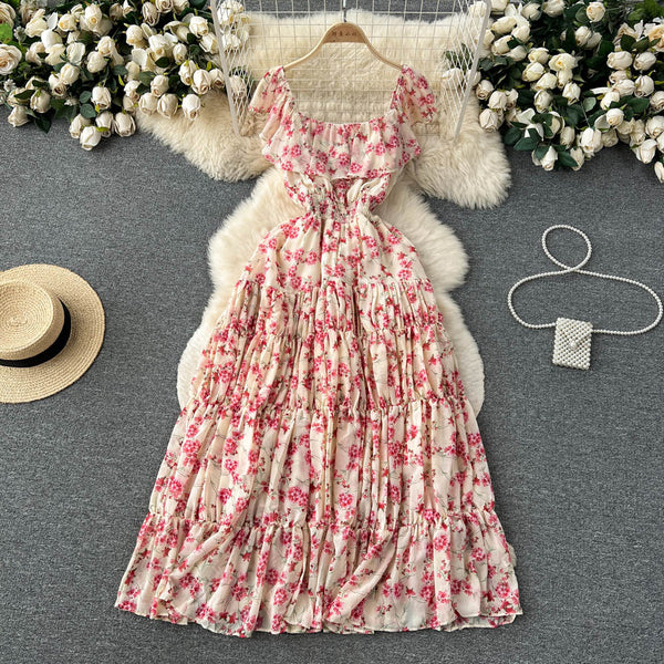 French Style Pleated Floral Dress