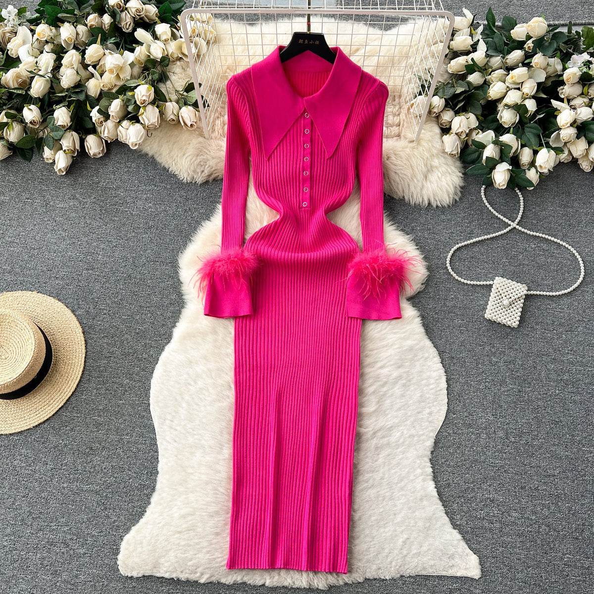 Lapel Furry Cuff Knitted Dress