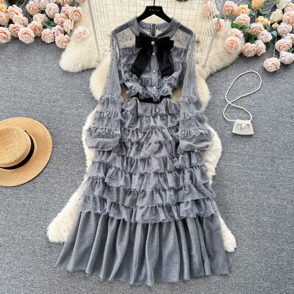 Bow-tie Beaded Layered Mesh Dress