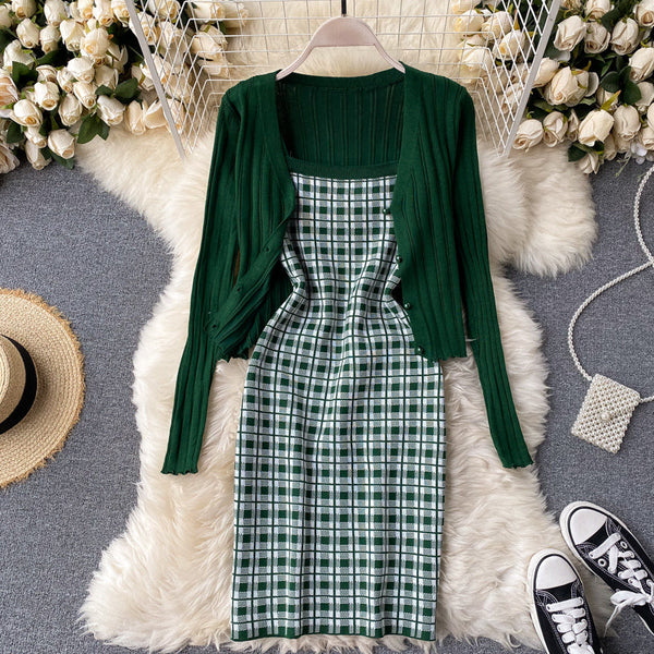 Knitted Cardigan&Plaid Dress 2Pcs