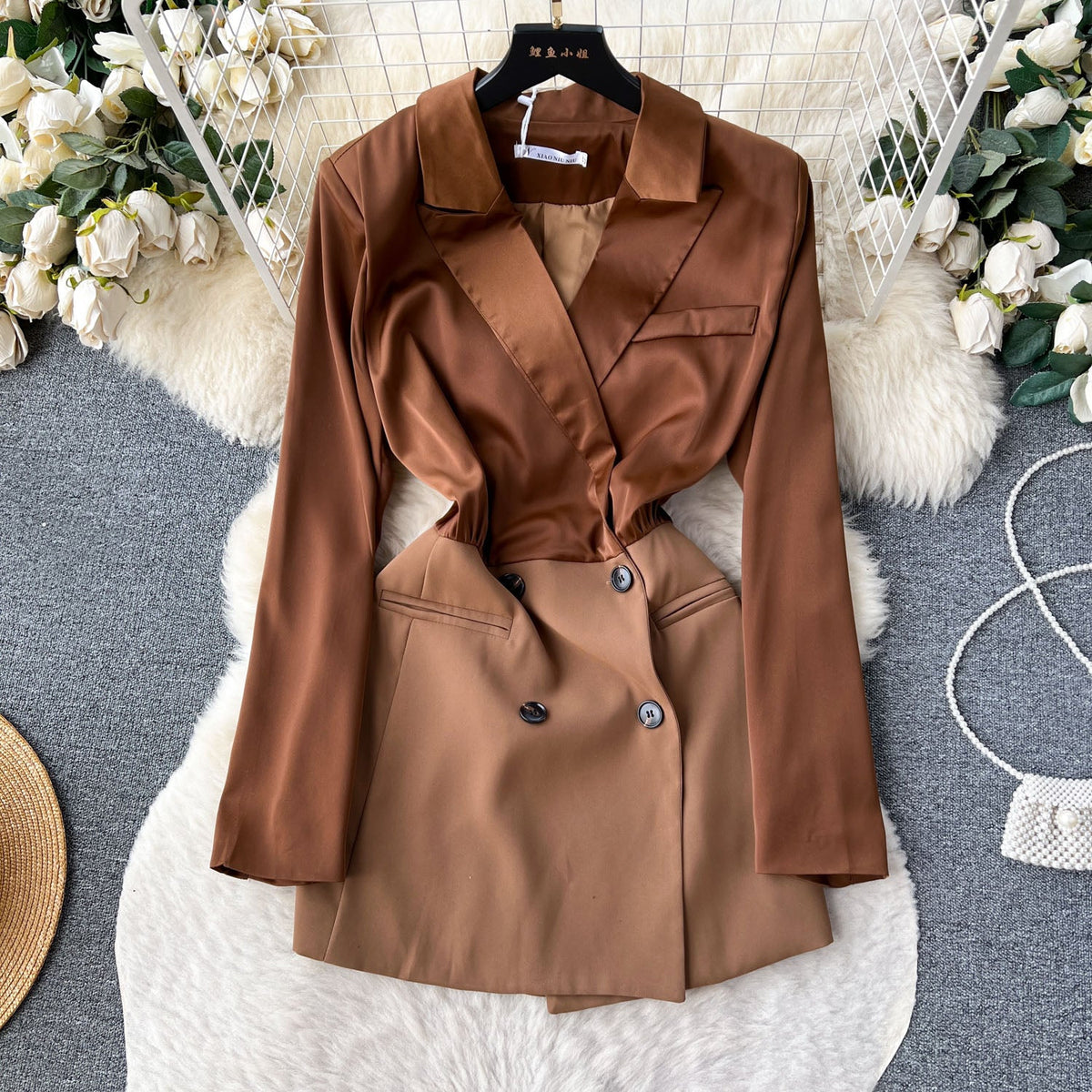 Double-breasted Waist-slimming PU Suit Dress