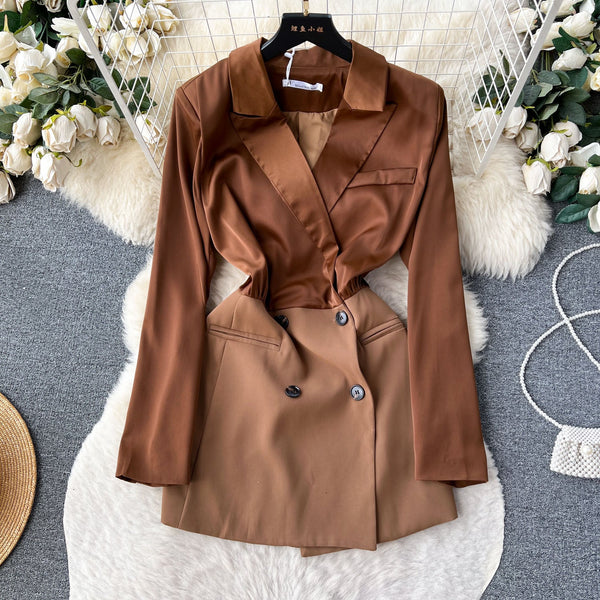 Double-breasted Waist-slimming PU Suit Dress
