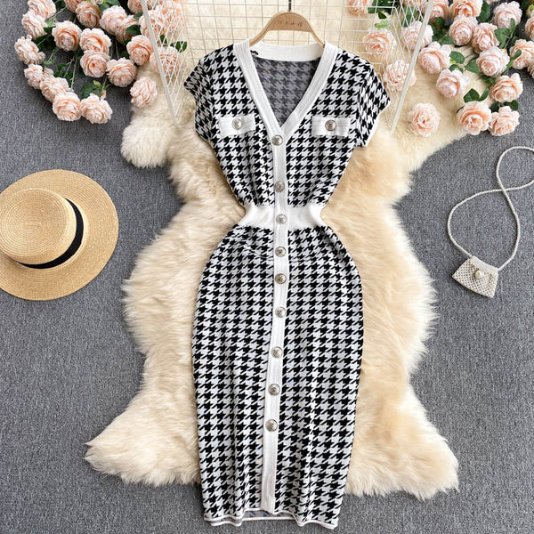 Single Breasted Houndstooth Knitted Dress